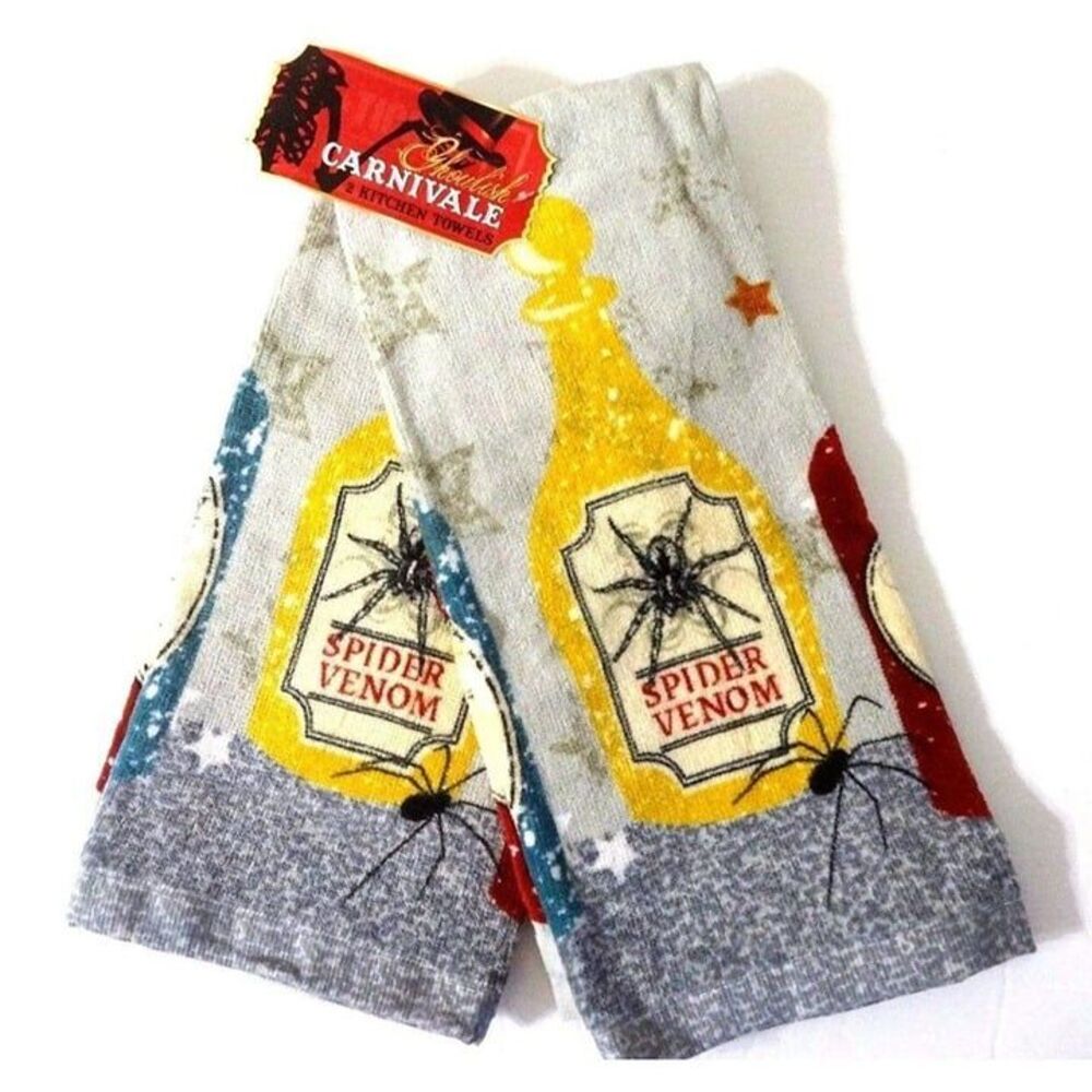 Ghoulish Carnivale Spider Venom Kitchen Towels Halloween Potion Bottle 2-Pc NWT